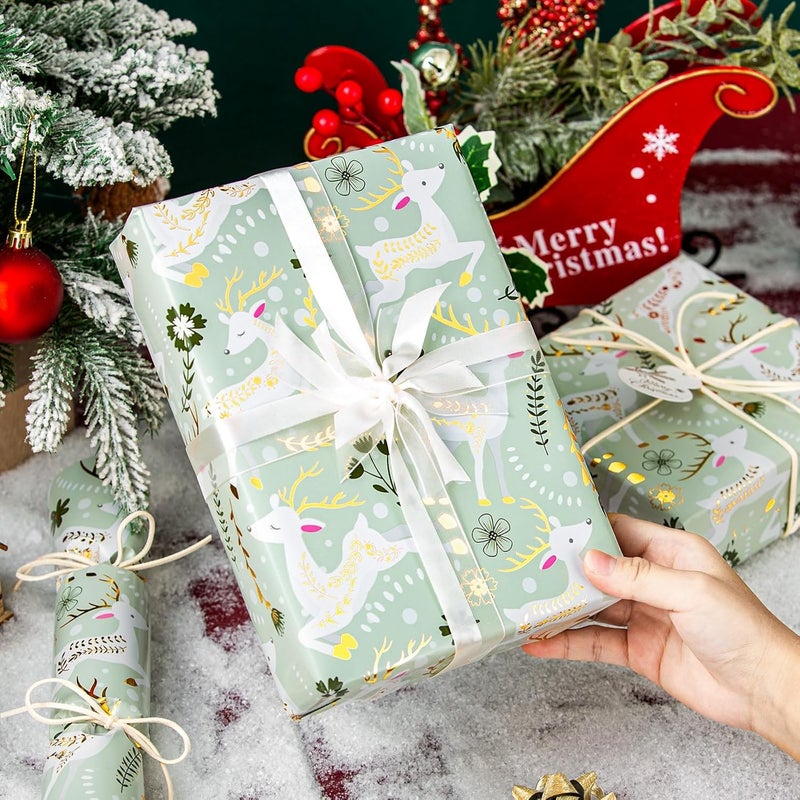 Retrify Light Green Wrapping Paper Roll - Metallic Gold Foil Lovely Happy Reindeer Mini Roll Gift Wrap Paper for Christmas Holiday Festive Decoration - 17 Inches x 32.8 Feet - Image 2